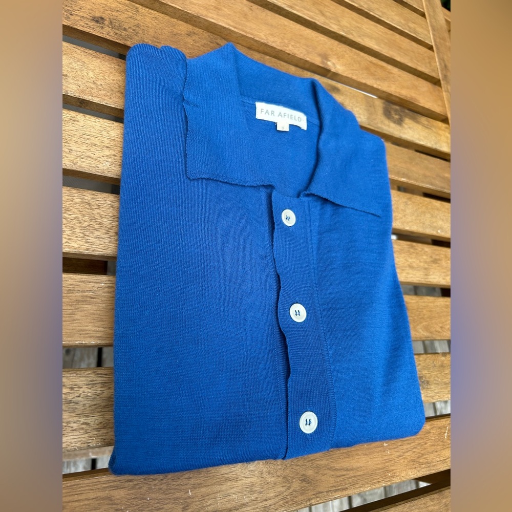 Men's Far Afield “Velzy” merino wool acrylic Anglo-Saxon button up polo
